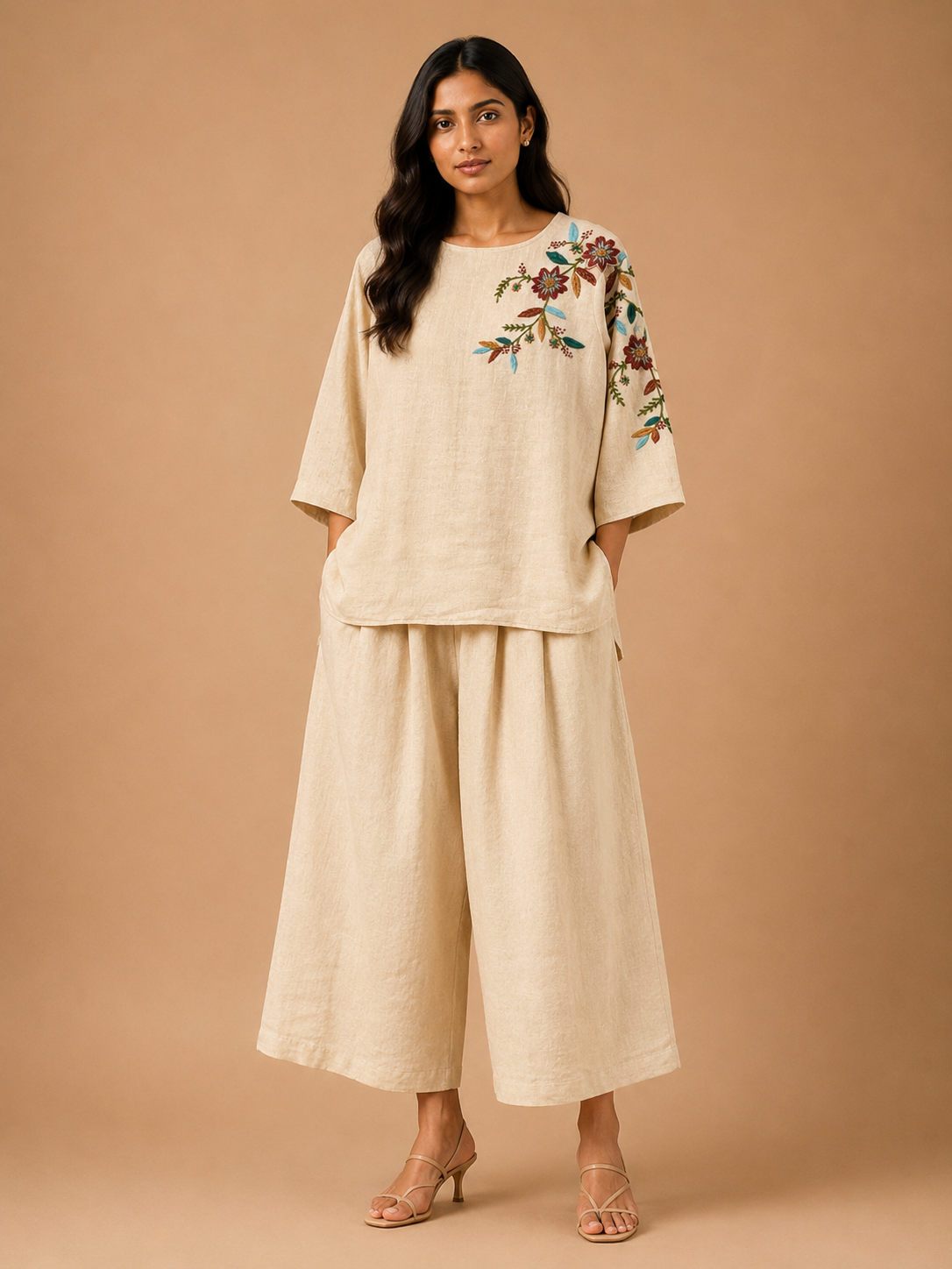 Beige Floral Embroidered Co-Ord Set