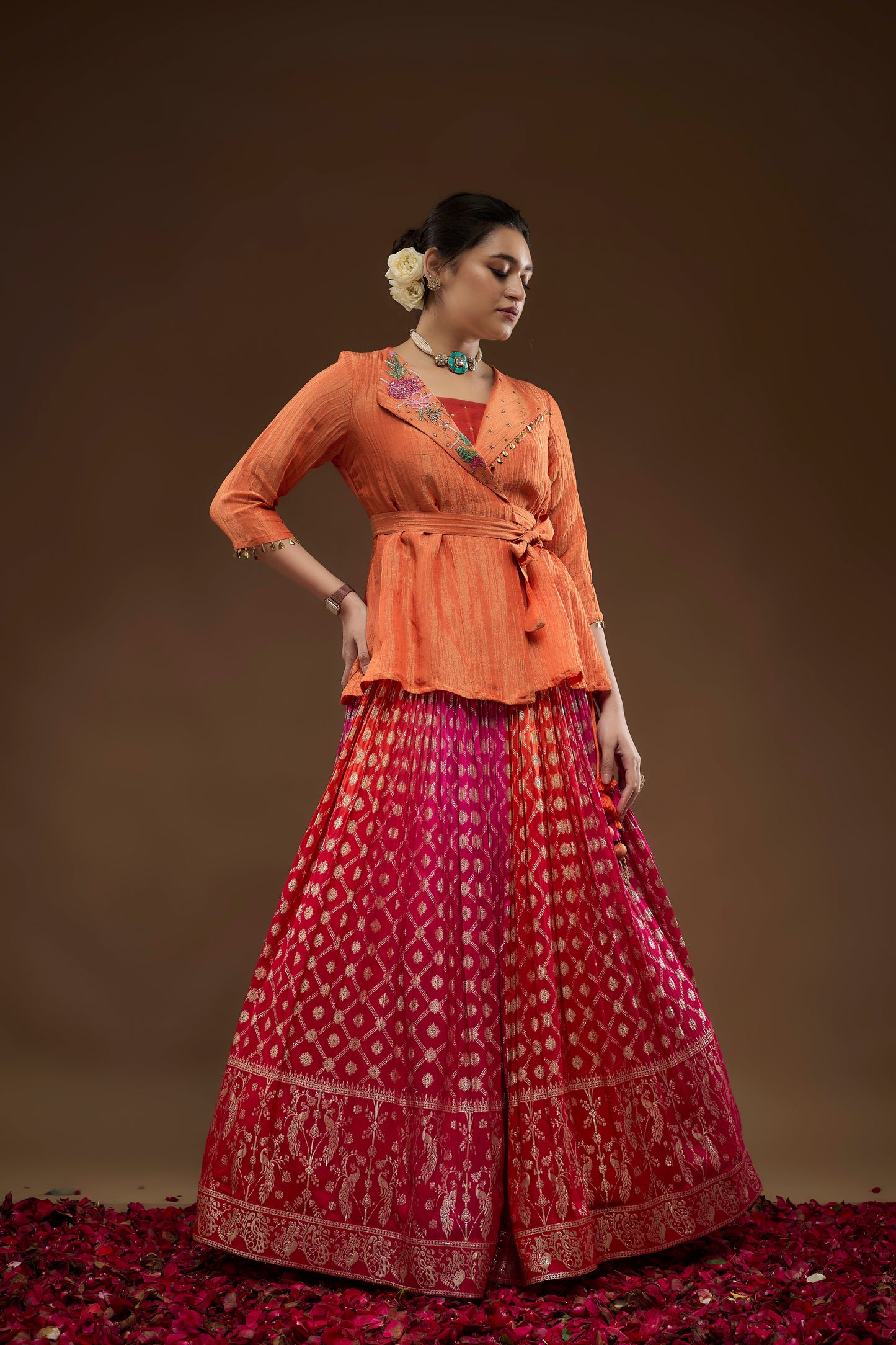 Rust Peplum Top with Ombre Lehenga