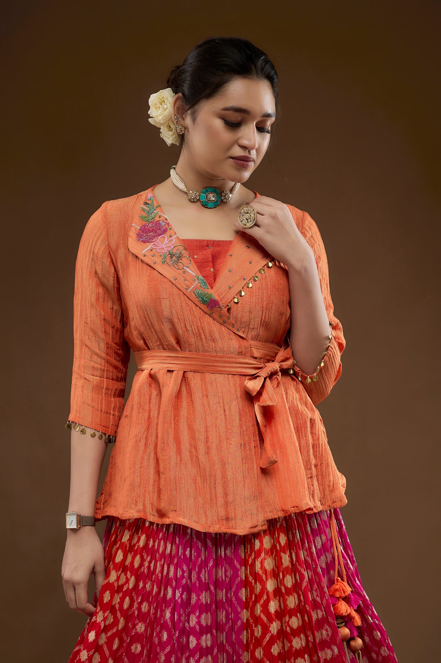 Rust Peplum Top with Ombre Lehenga
