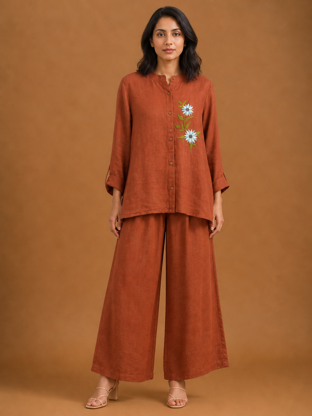Rust Blue Floral Embroidered Co-Ord Set