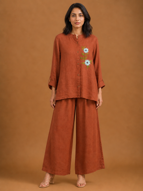 Rust Blue Floral Embroidered Co-Ord Set