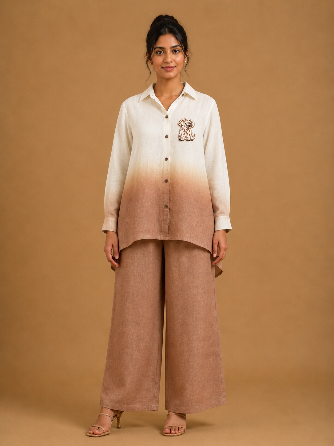White & Brown Ombré Puppy Embroidered Shirt