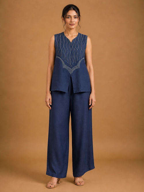 Navy Blue Wavy French Knot Co-Ord Set