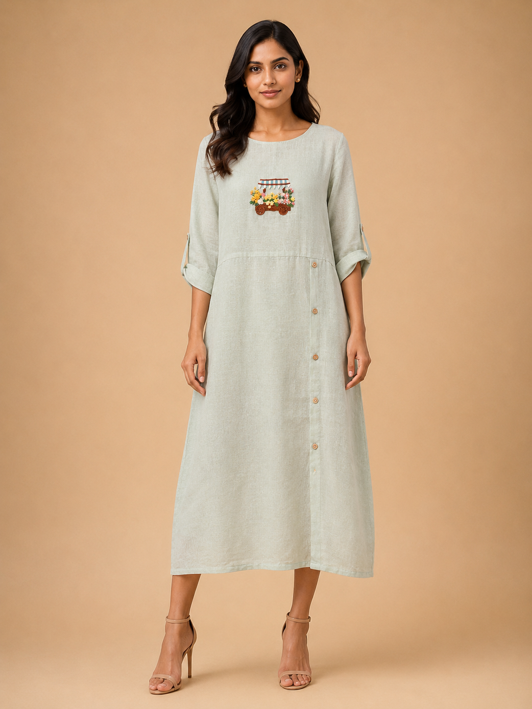 Sage Green Button-Accent Embroidered Dress