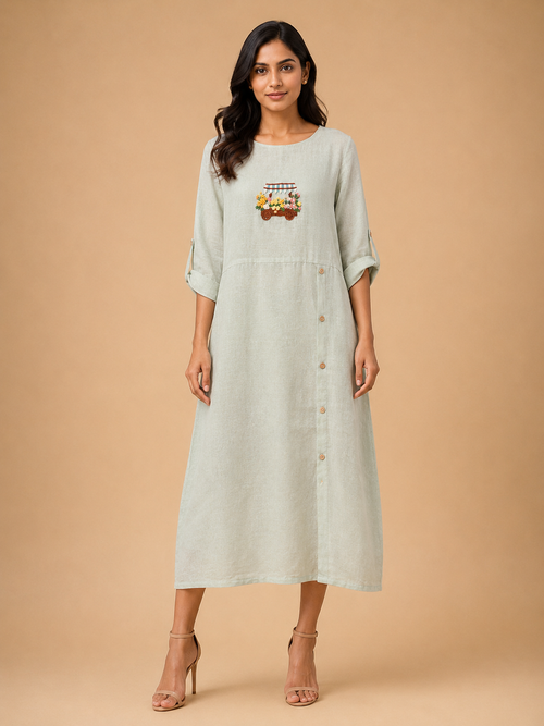 Sage Green Button-Accent Embroidered Dress