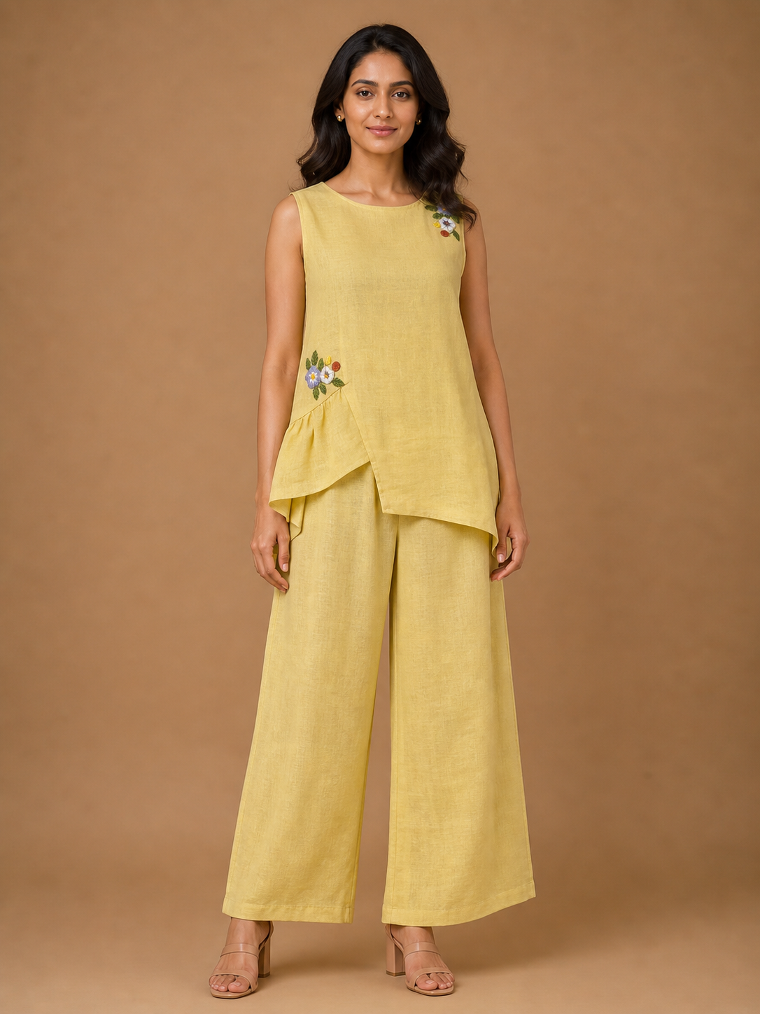 Yellow Floral Embroidered Asymmetric Co-Ord Set