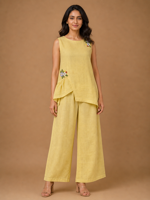 Yellow Floral Embroidered Asymmetric Co-Ord Set
