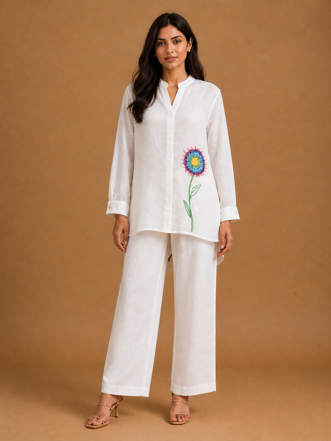 White Beaded Flower Ombré Shirt