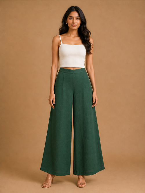 Dark Green Relaxed Fit Linen Trouser