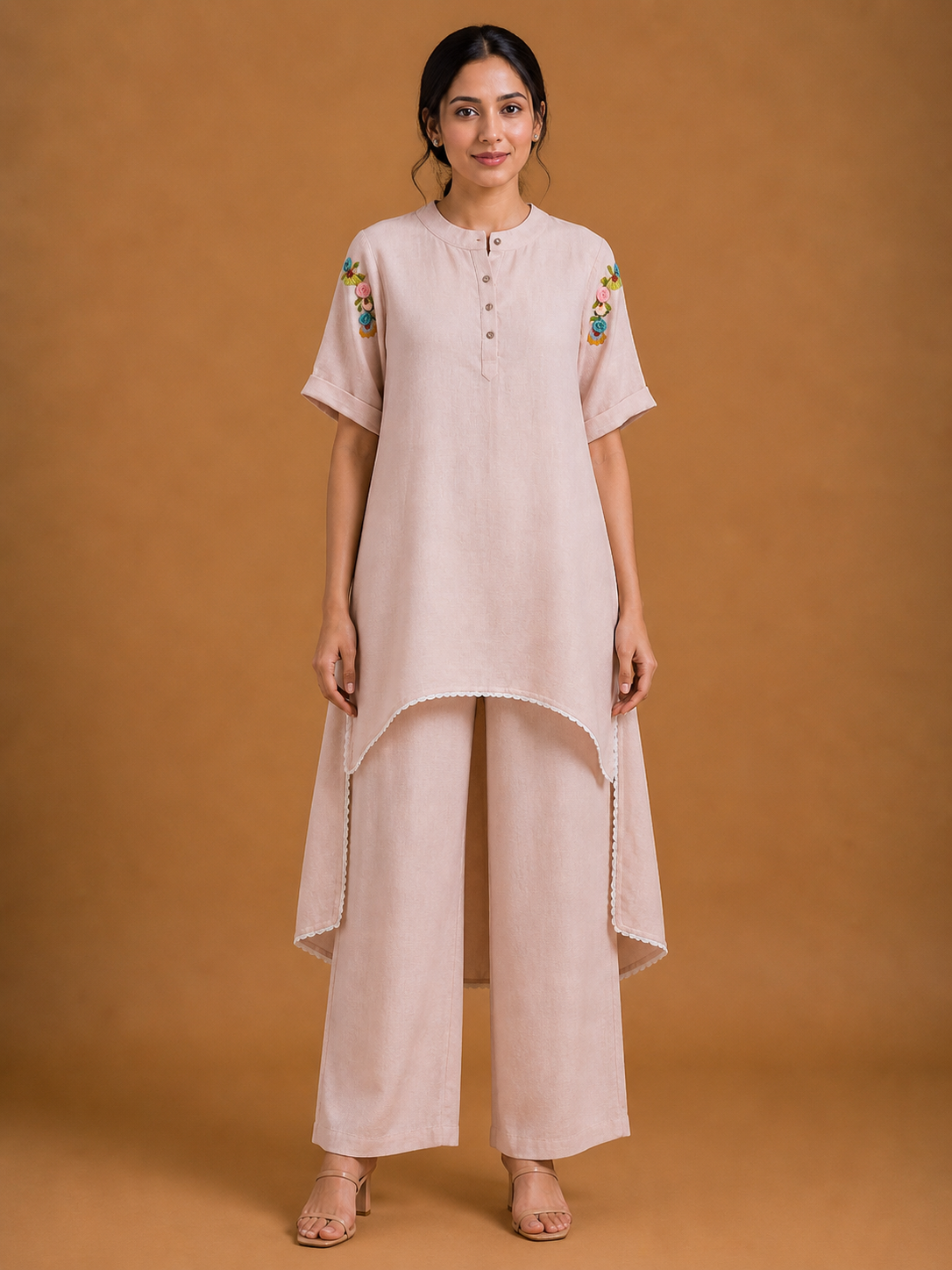 Pale Pink Floral Embroidered Co-Ord Set