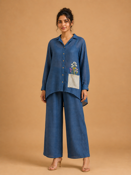 Deep Blue Wildflower Pocket Shirt