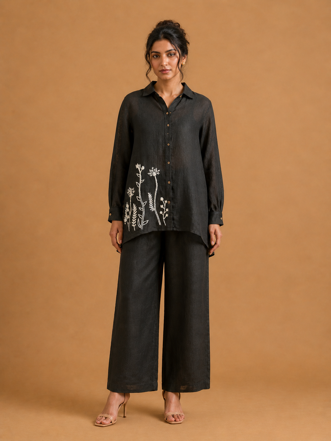 Black White Floral Embroidered Shirt