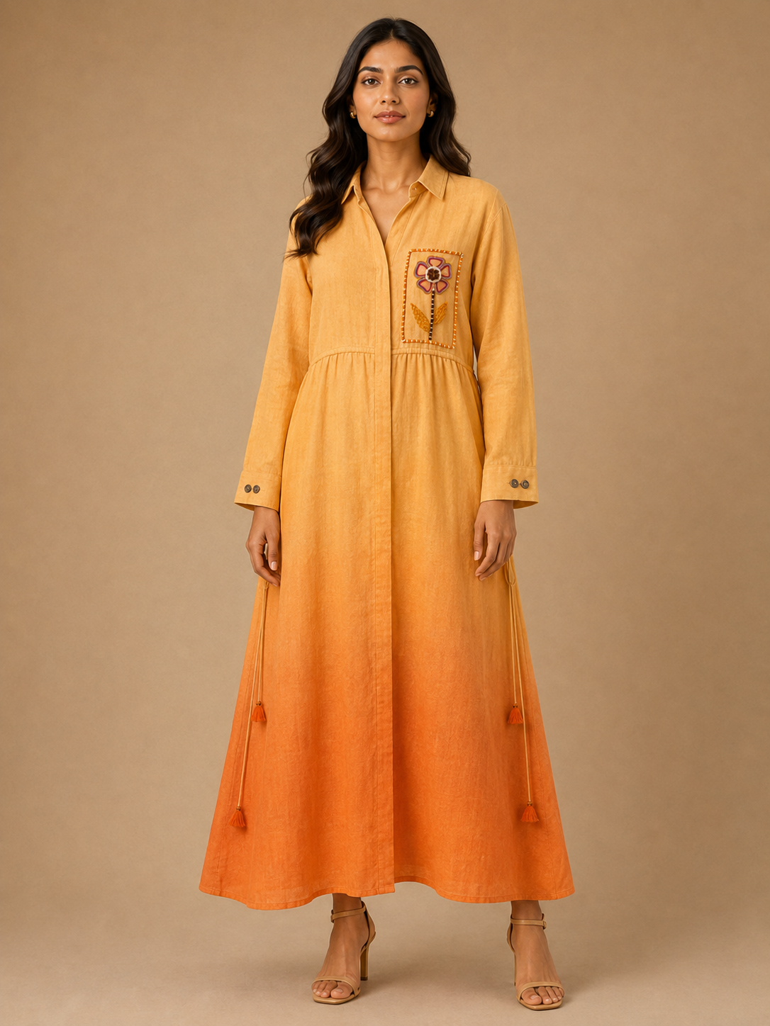 Orange Embroidered Linen Dress