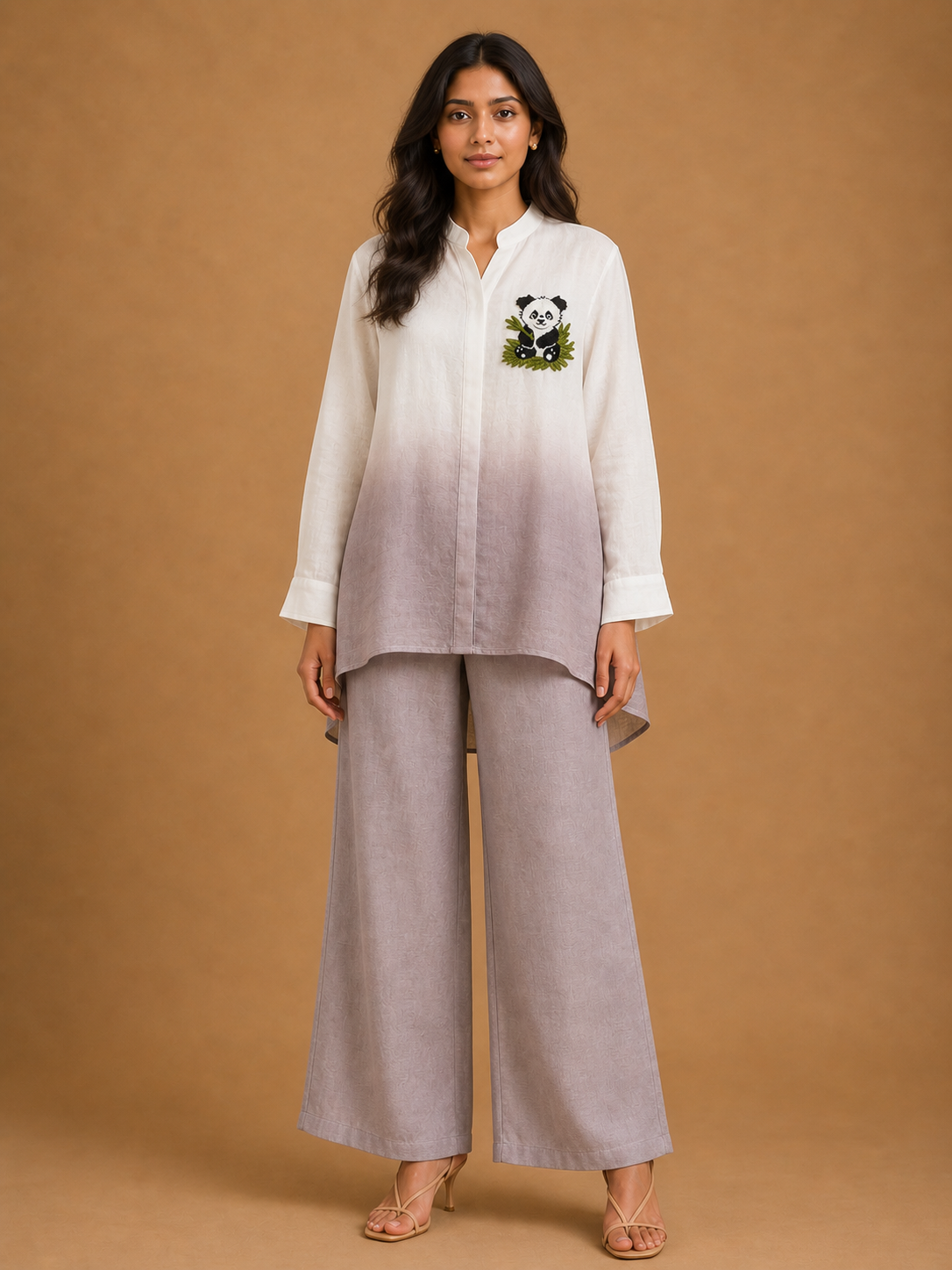 White & Mauve Ombré Panda Embroidered Shirt