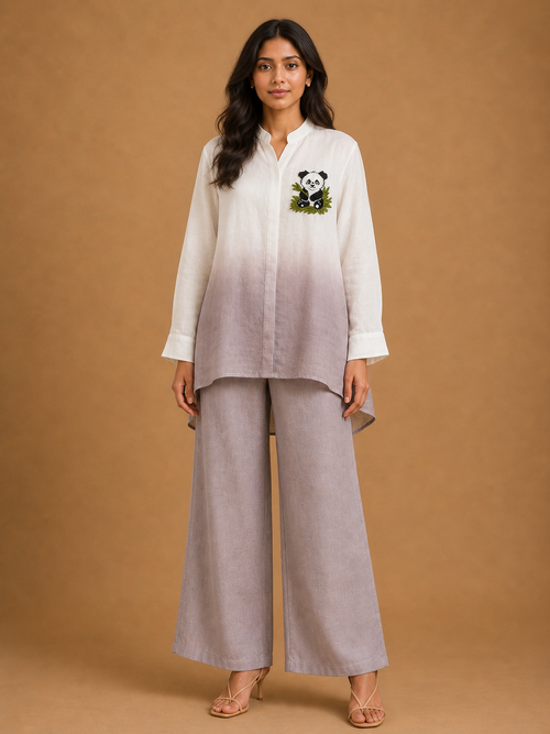 White & Mauve Ombré Panda Embroidered Shirt
