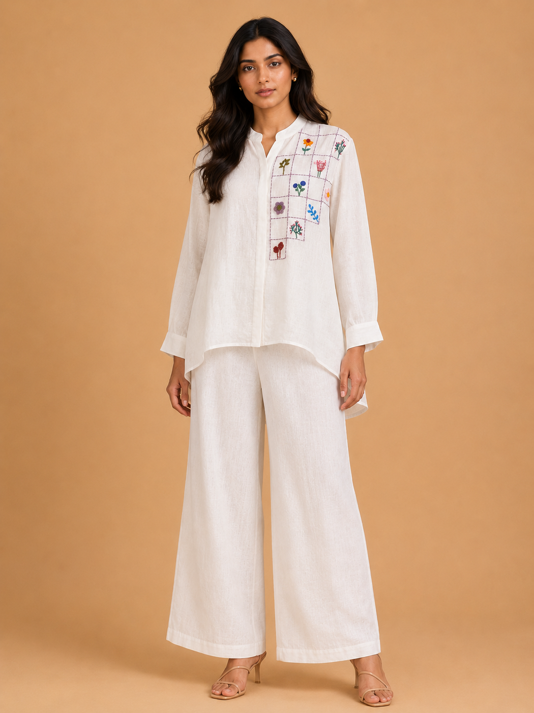 White Grid & Floral Embroidered Shirt