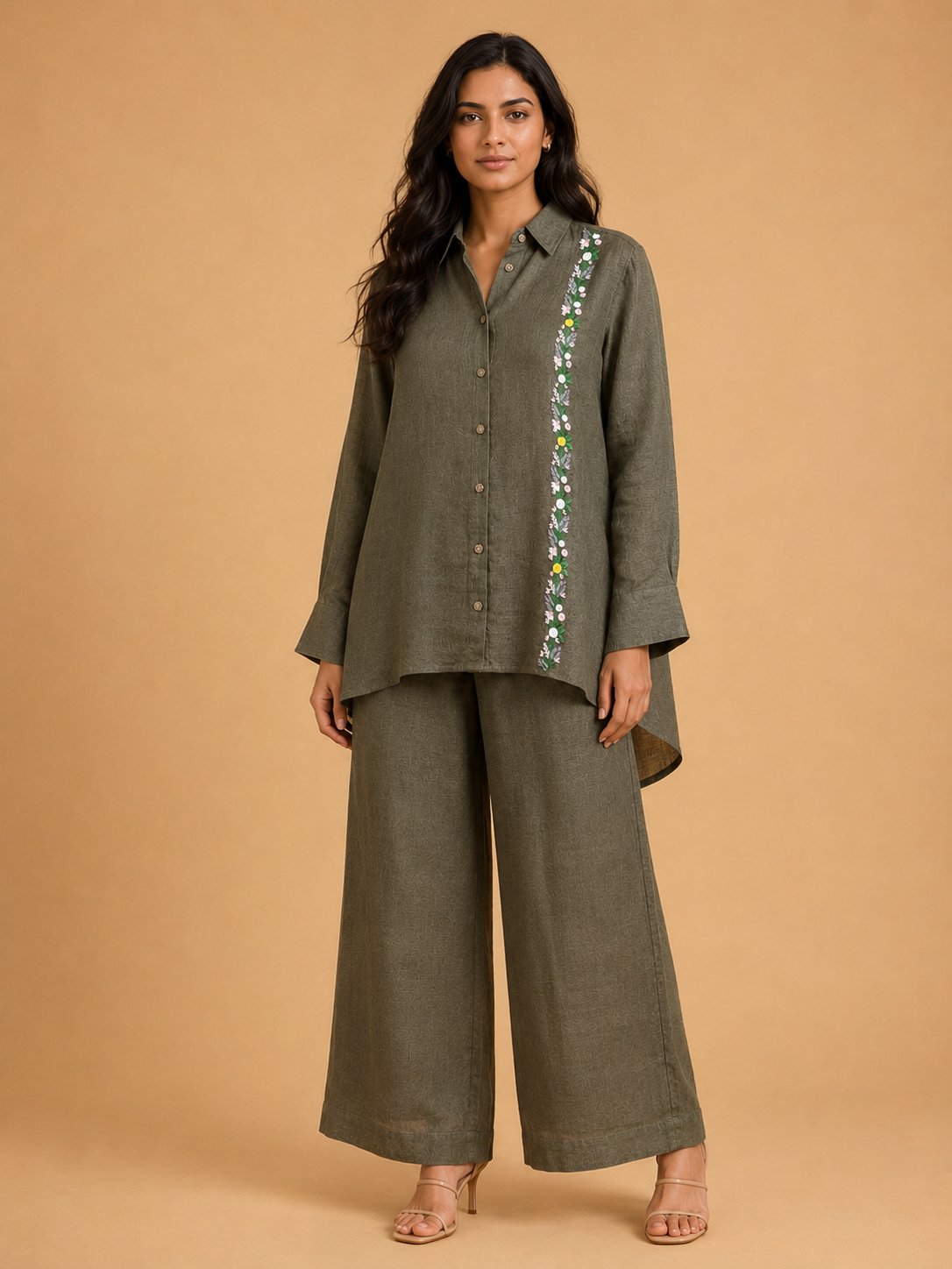 Olive Green Floral Vine Embroidered Shirt