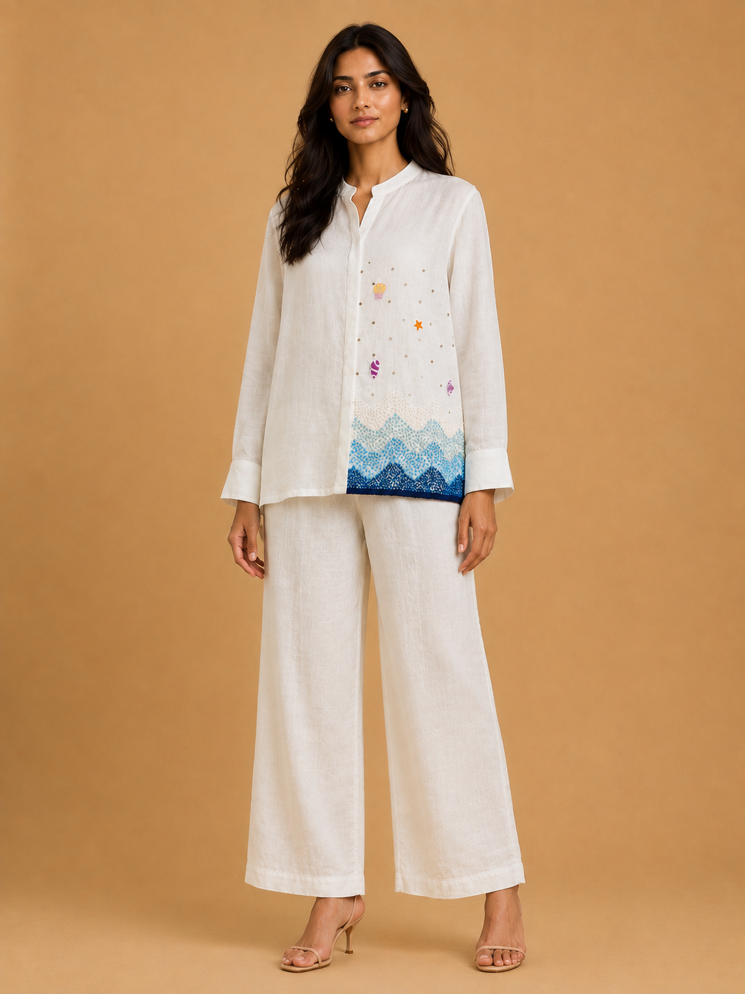 White & Blue Knot Wave Embroidered Shirt