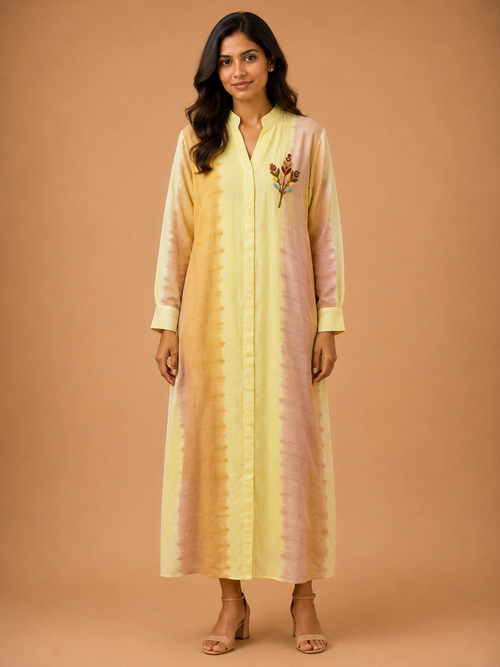 Yellow & Peach Tie-Dye Embroidered Dress