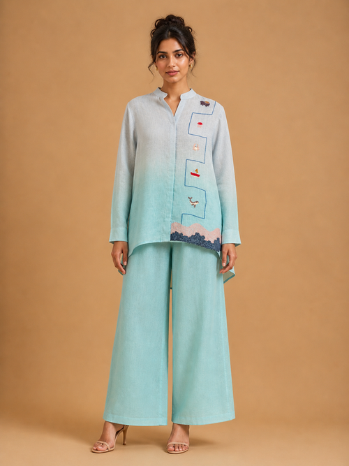 Turquoise Ombré Embroidered Shirt