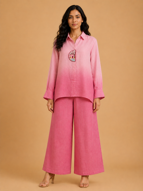 Pink Cherry Blossom Door Embroidered Shirt
