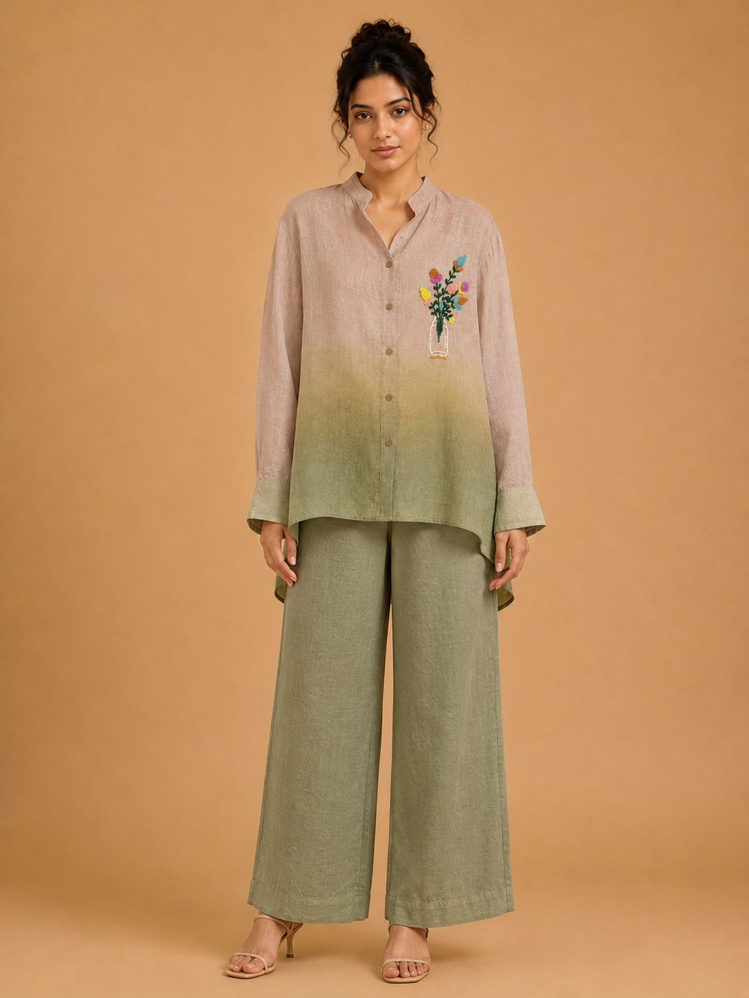 Olive Ombré Floral Embroidered Shirt