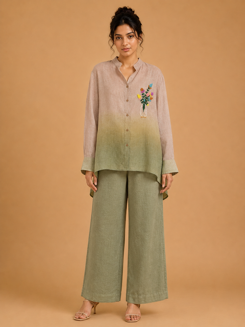Olive Ombré Floral Embroidered Shirt
