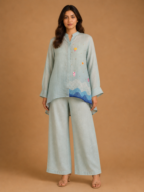Blue Knot Wave Embroidered Shirt