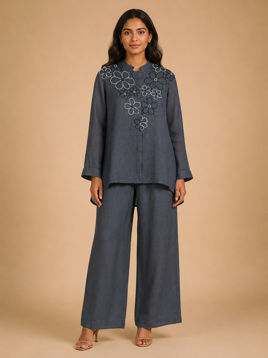 Grey Floral French Knot Co-Ord Set