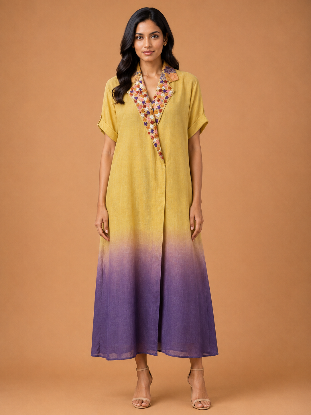 Yellow & Purple Ombré Embroidered Collar Dress