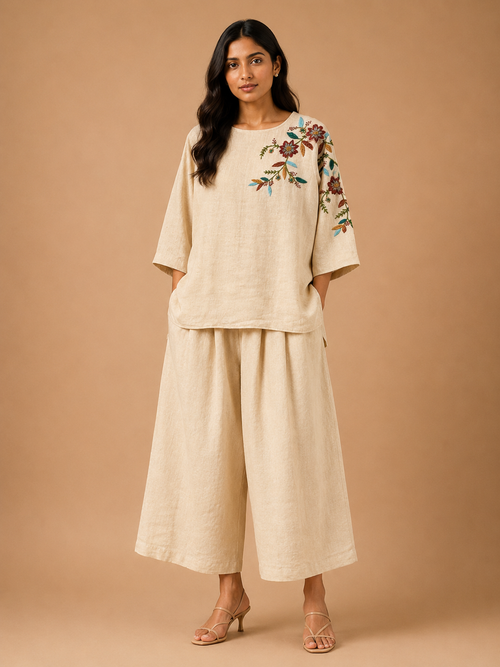 Beige Floral Embroidered Co-Ord Set