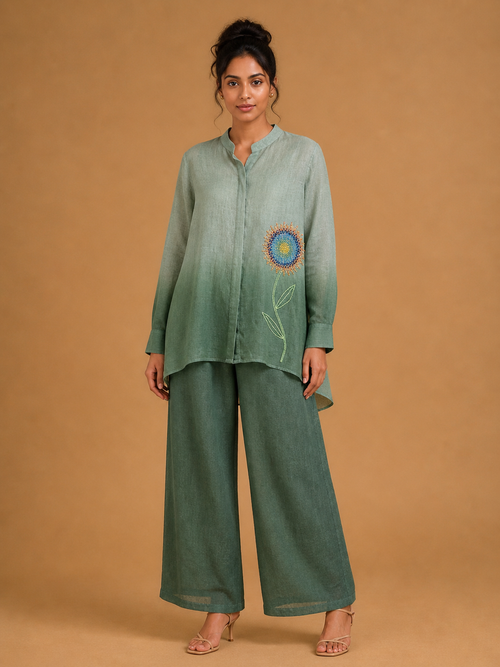 Sage Green Beaded Flower Ombré Shirt