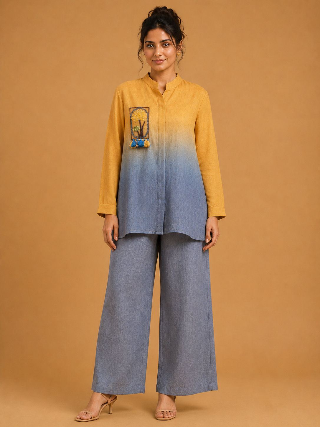 Yellow & Grey Ombré Embroidered Shirt