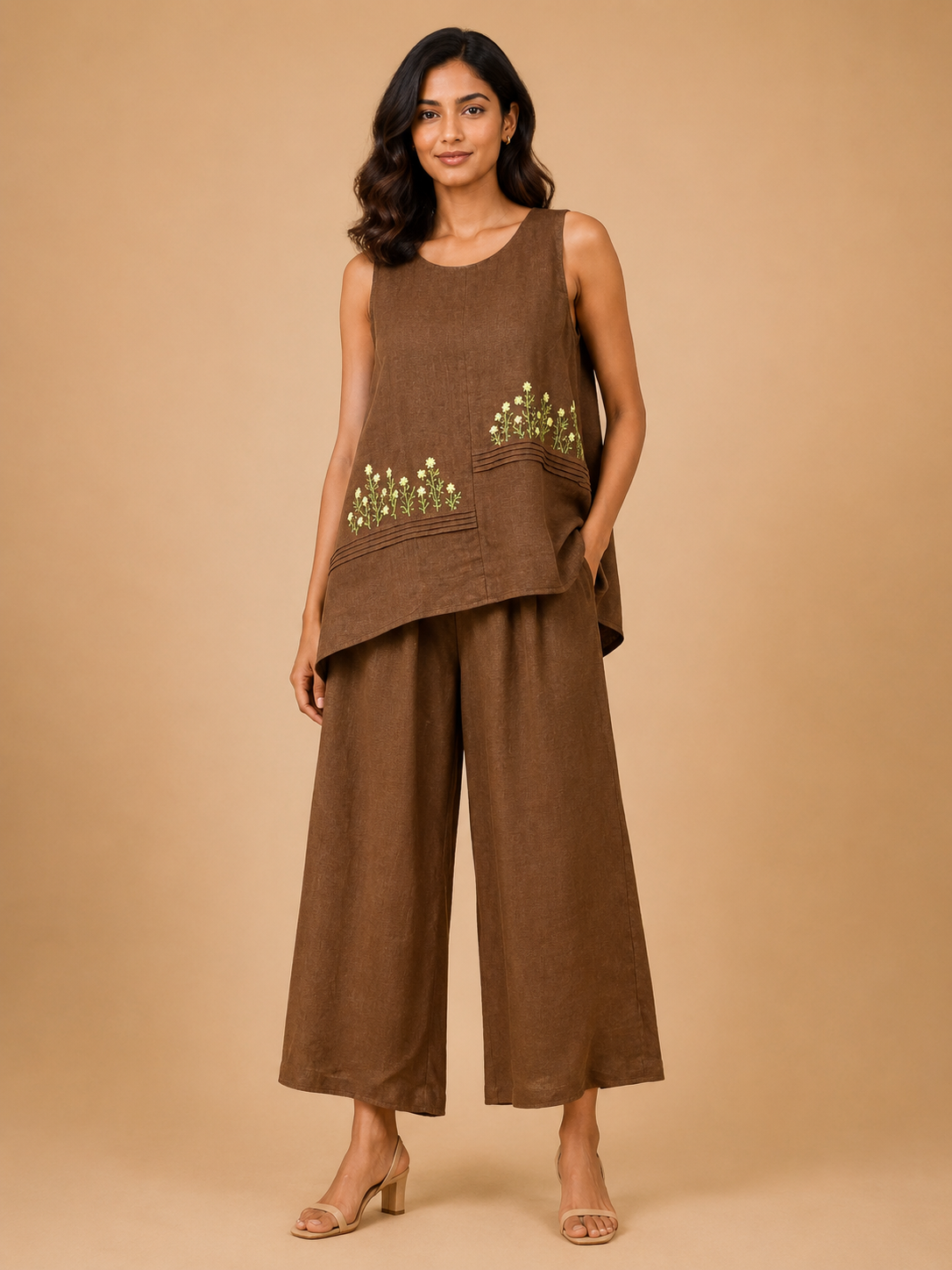 Brown Wildflower Embroidered Co-Ord Set
