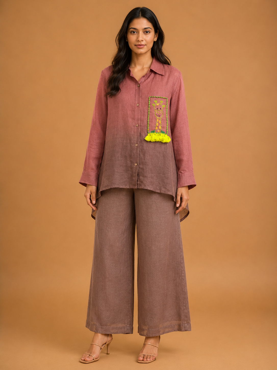 Mauve & Brown Ombré Giraffe Embroidered Shirt