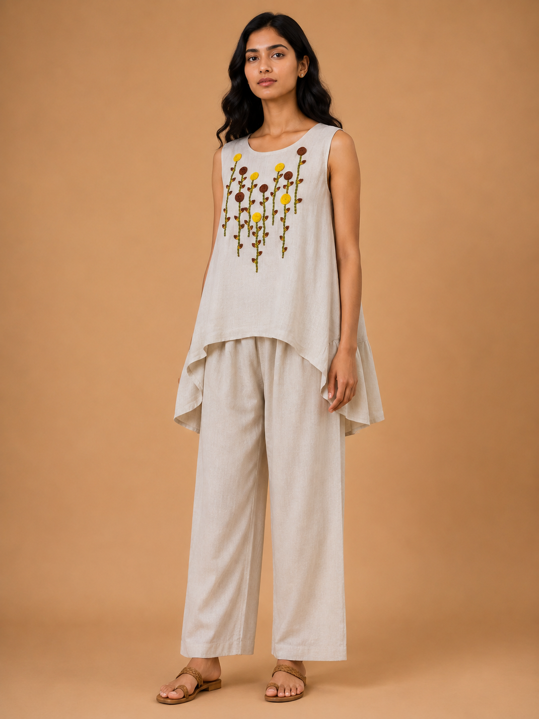 Beige Sunflower Embroidered Co-Ord Set