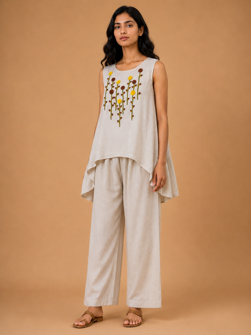 Beige Sunflower Embroidered Co-Ord Set