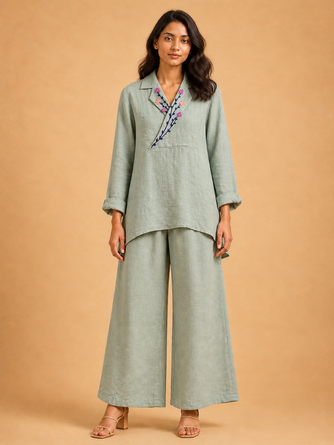 Sage Green Floral Lapel Co-Ord Set