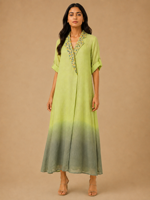 Lime & Olive Ombré Embroidered Collar Dress