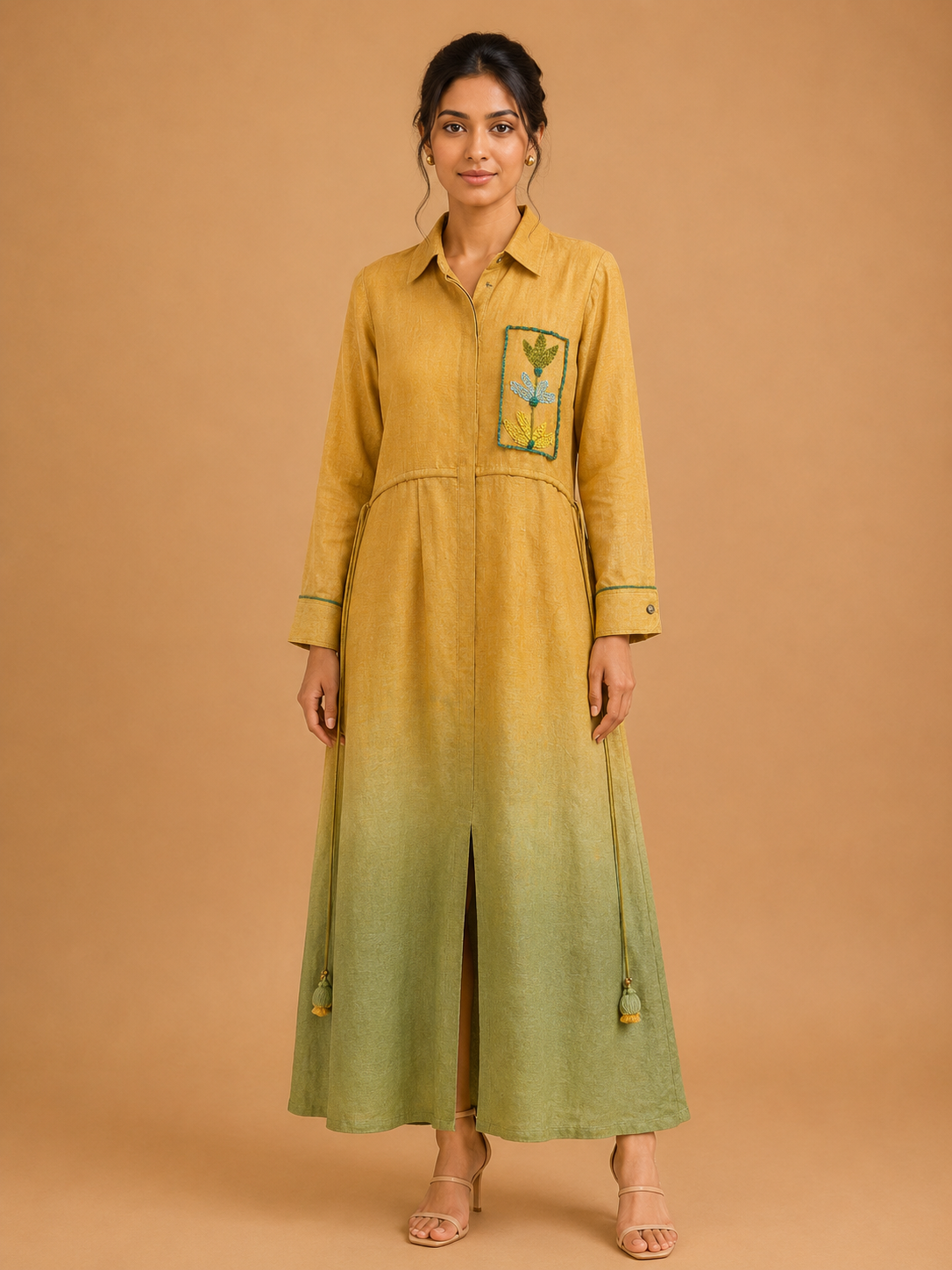 Yellow & Olive Ombré Embroidered Dress