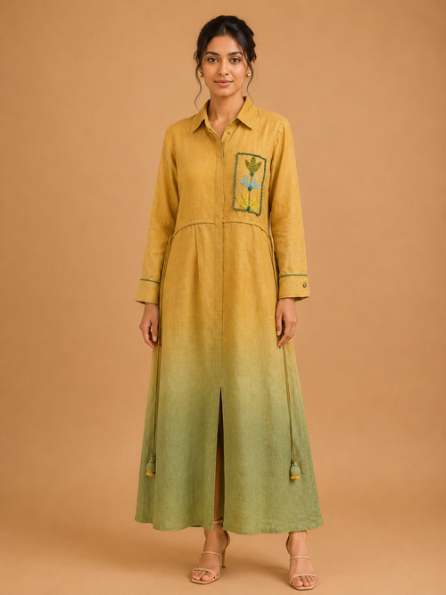 Yellow & Olive Ombré Embroidered Dress