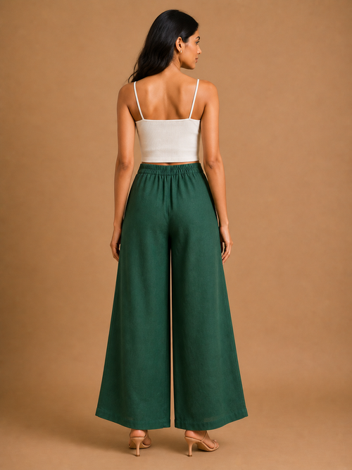 Dark Green Relaxed Fit Linen Trouser