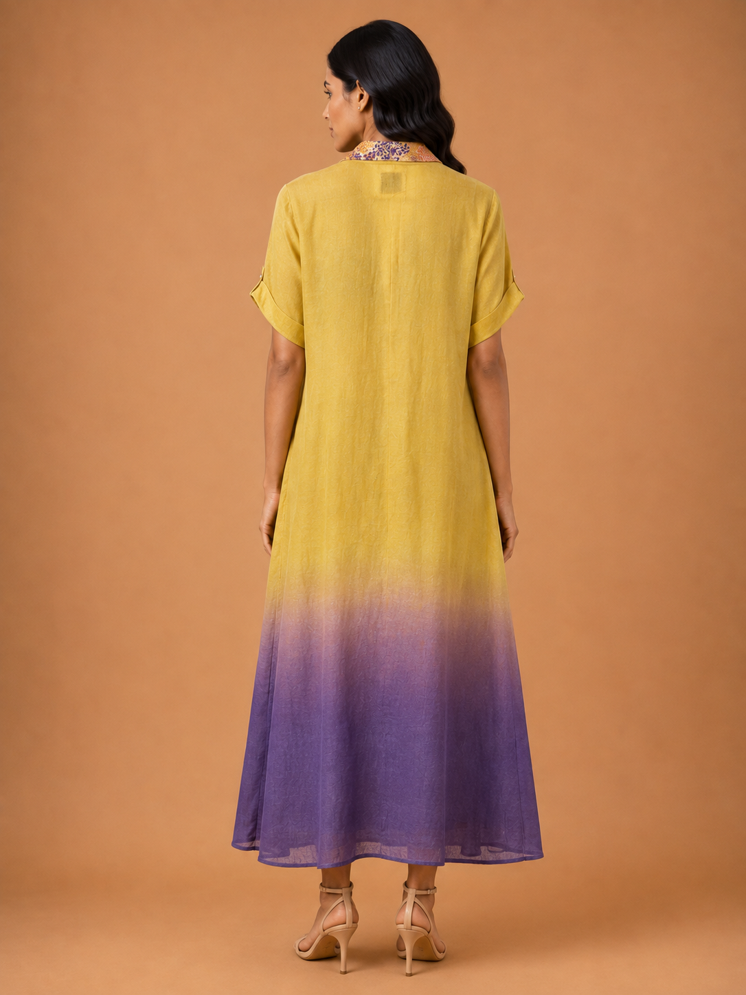 Yellow & Purple Ombré Embroidered Collar Dress