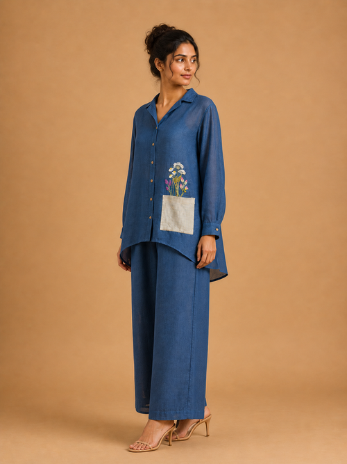 Deep Blue Wildflower Pocket Shirt