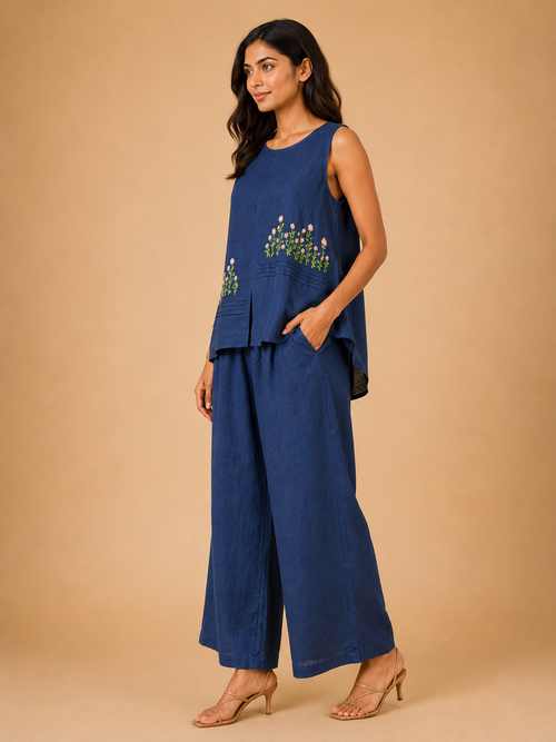 Blue Wildflower Embroidered Co-Ord Set