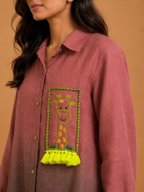 Mauve & Brown Ombré Giraffe Embroidered Shirt