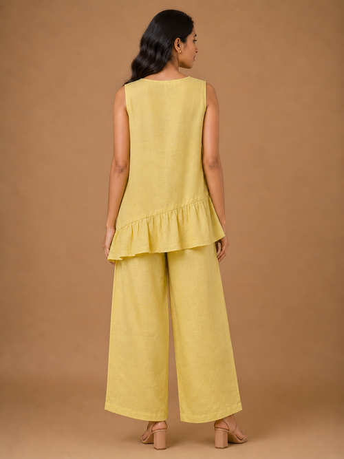Yellow Floral Embroidered Asymmetric Co-Ord Set