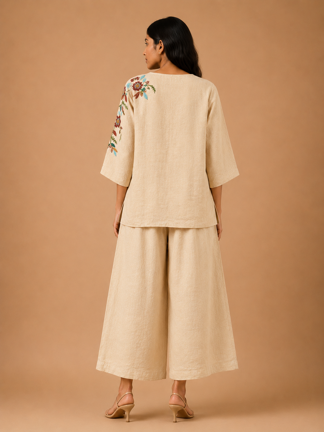 Beige Floral Embroidered Co-Ord Set