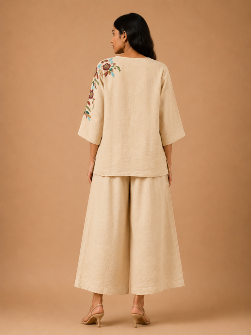 Beige Floral Embroidered Co-Ord Set