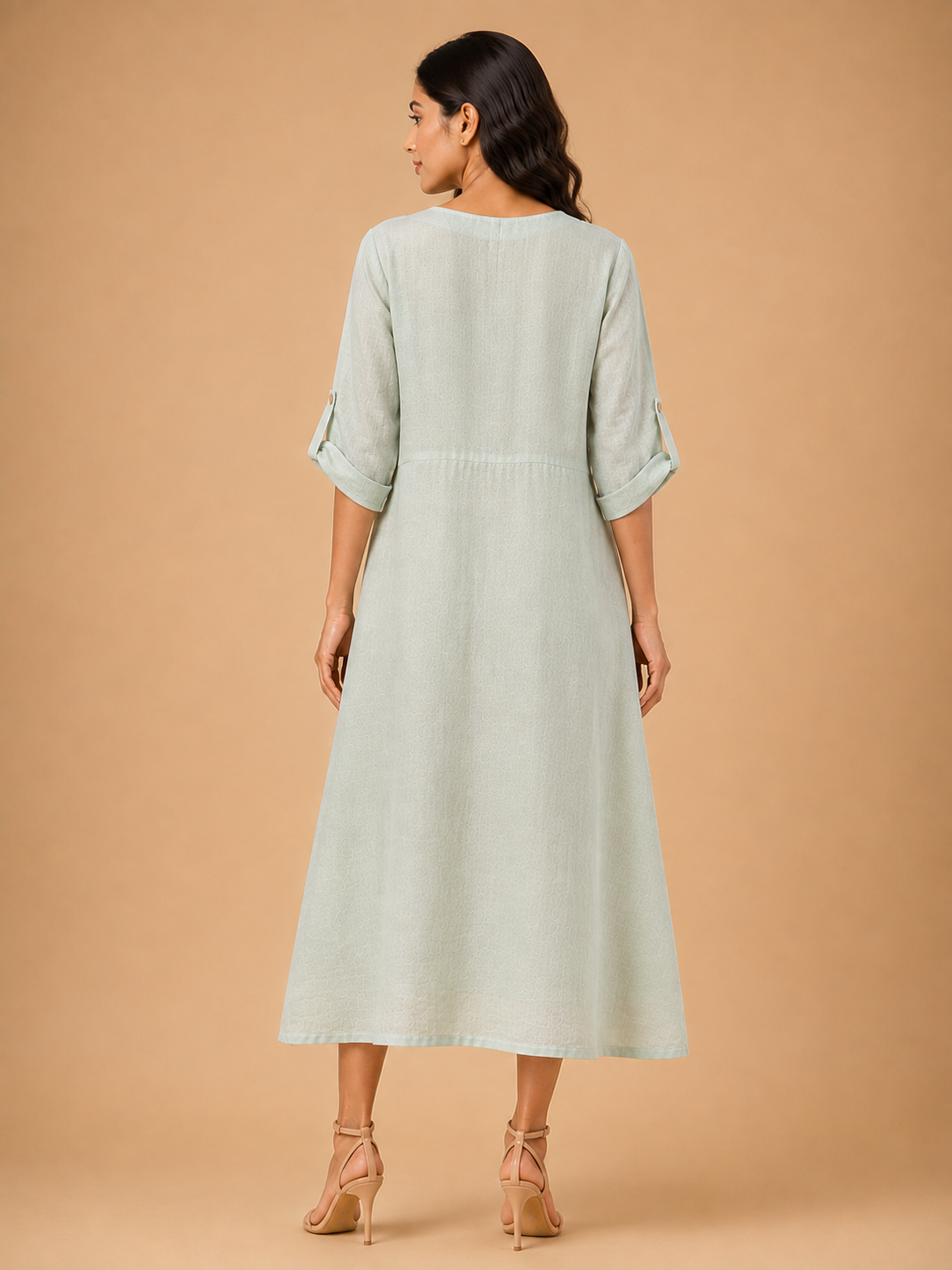Sage Green Button-Accent Embroidered Dress